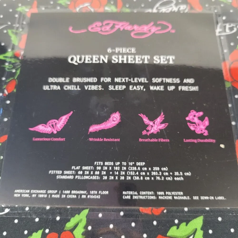 Ed Hardy QUEEN Sheets Set 6pc Black White Polka Dots Red Rose Tattoo Print Signa